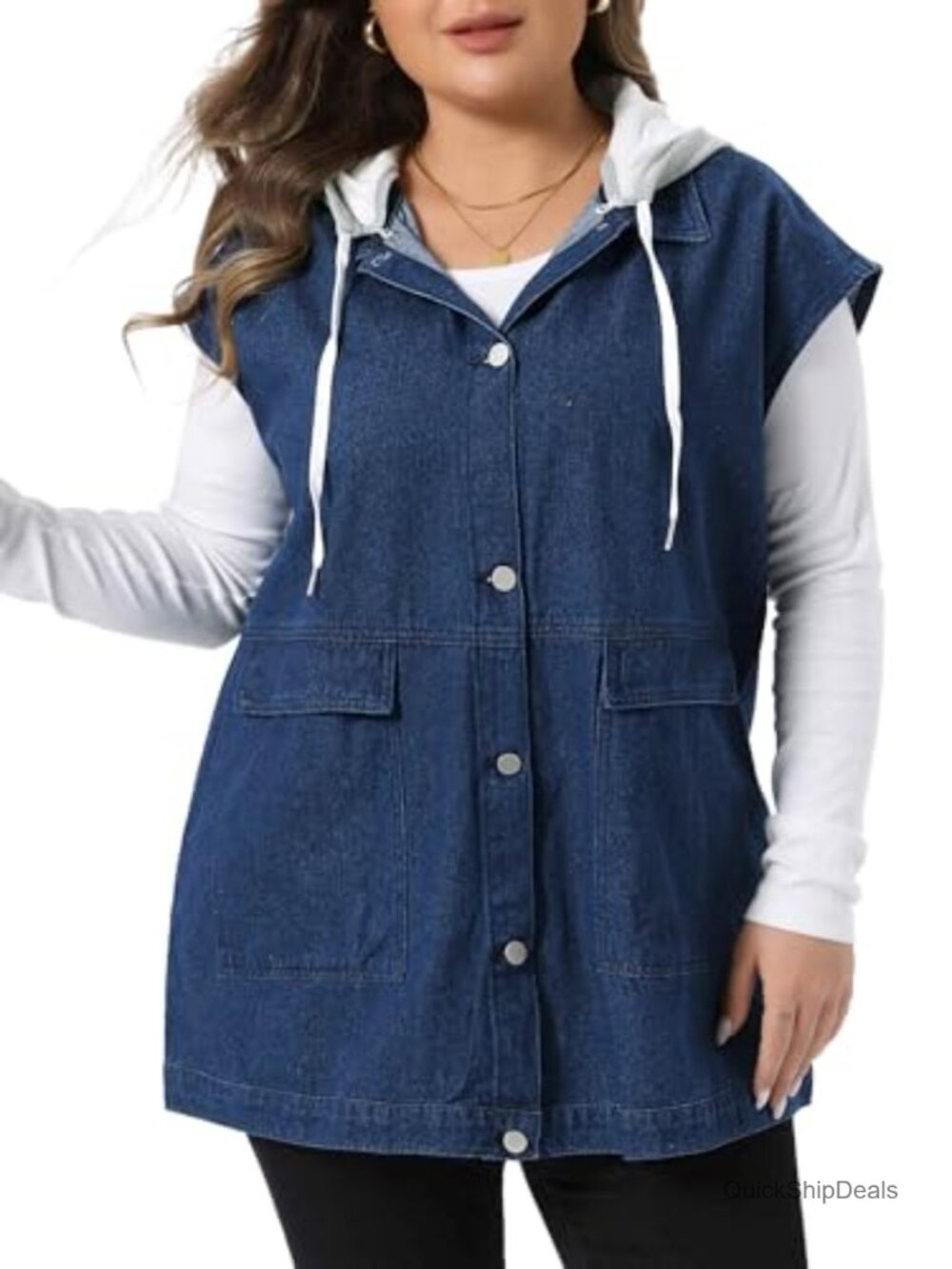 Women's Plus Size Denim Vest Sleeveless with Drawstring Hood Casual Jean Jacket